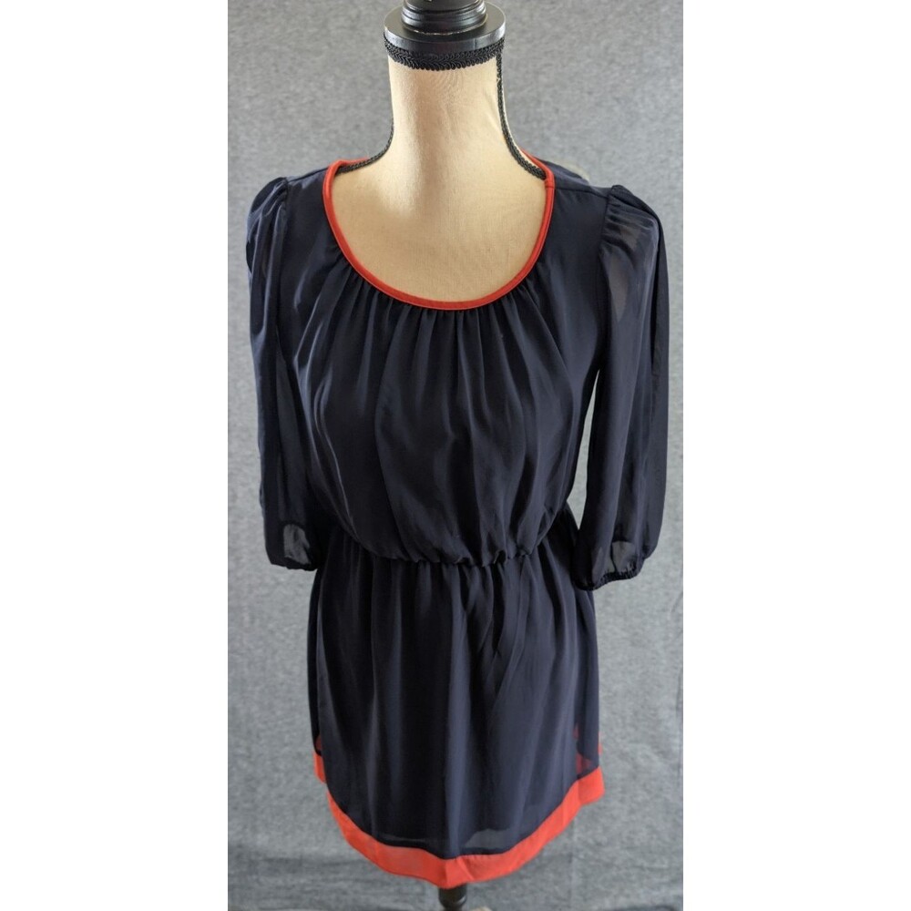 Sweet Storm Dress Peek a Boo Sleeve Navy Orange Detail Womans Size Small